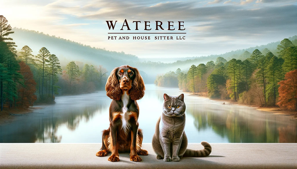 A dog and a cat sitting together beside the Wateree River in Kershaw County, South Carolina