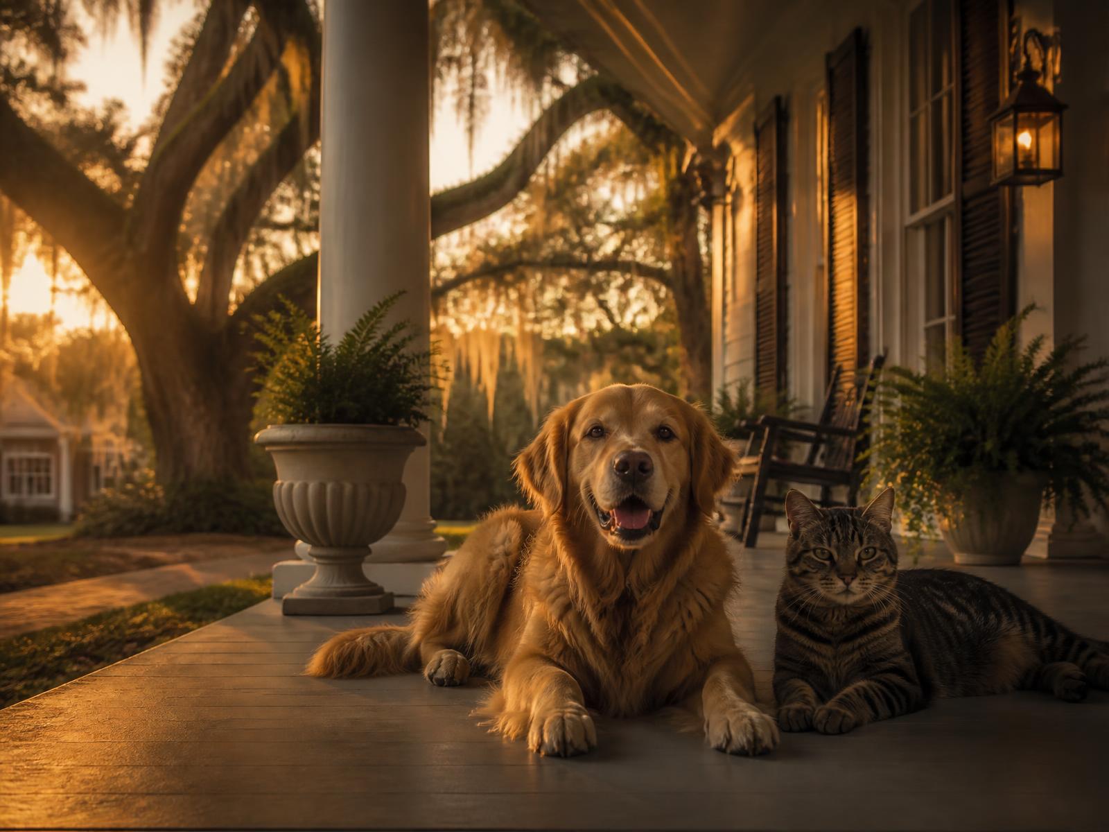 A dog and cat waiting on a Camden, South Carolina front porch for an in-home pet sitting visit